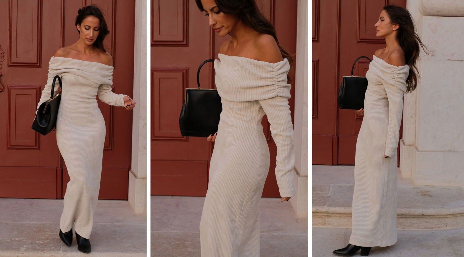 Vestido de punto de canalé con hombros descubiertos en color beige KAOÂ (99€) | KAOÂ