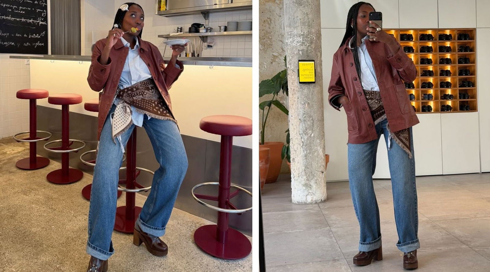 Anudada a la cintura, la bandana se integra en la misma gama cromática del look y aporta profundidad al conjunto | @raquelcostagomess