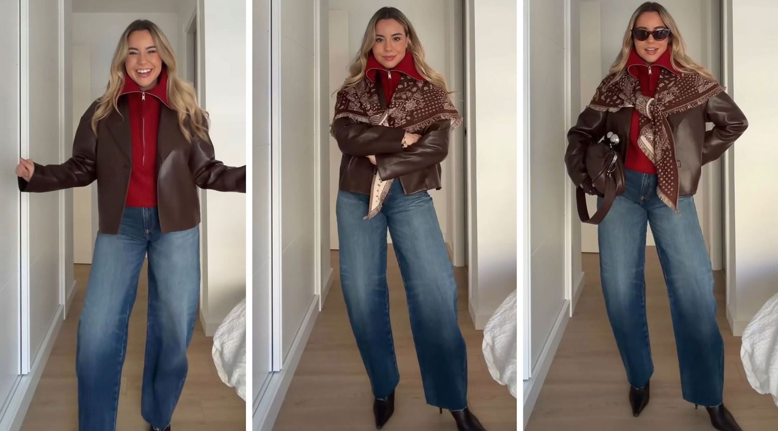 La bandana cae en forma de triángulo sobre la espalda y se ata por delante, creando contraste con una chaqueta de líneas marcadas | @lisasimppson