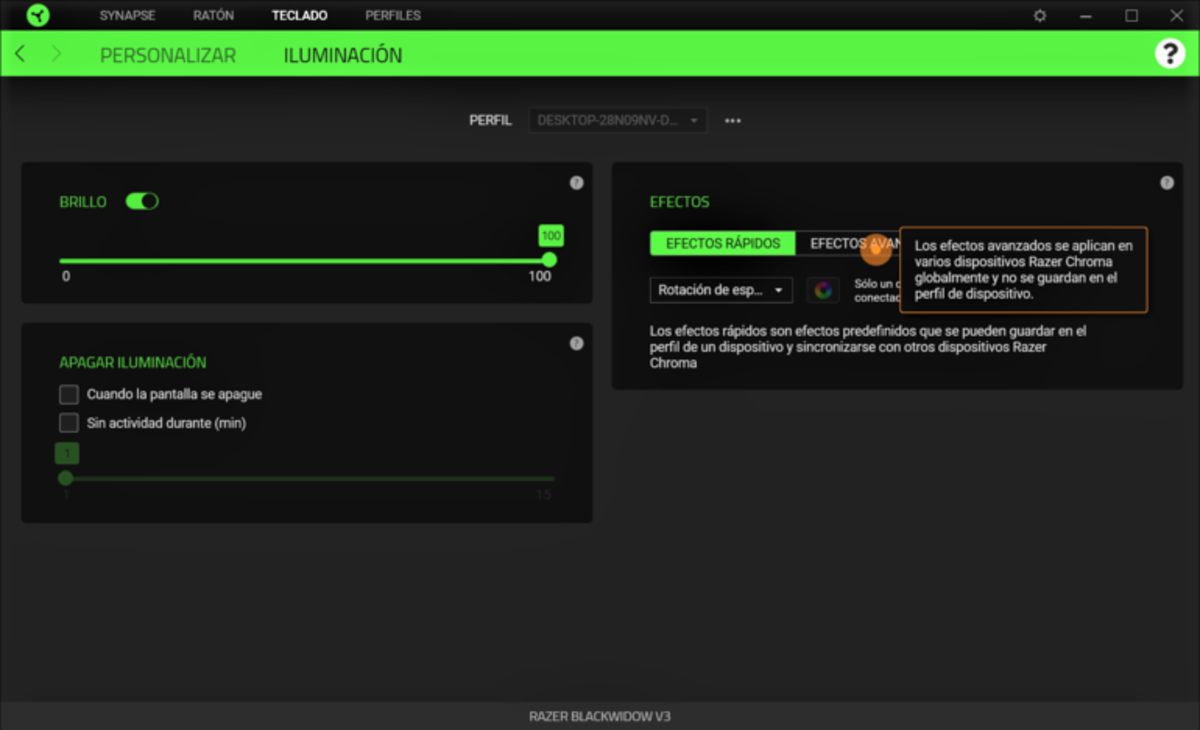 Razer Synapse tiene varios efectos de iluminación predefinidos