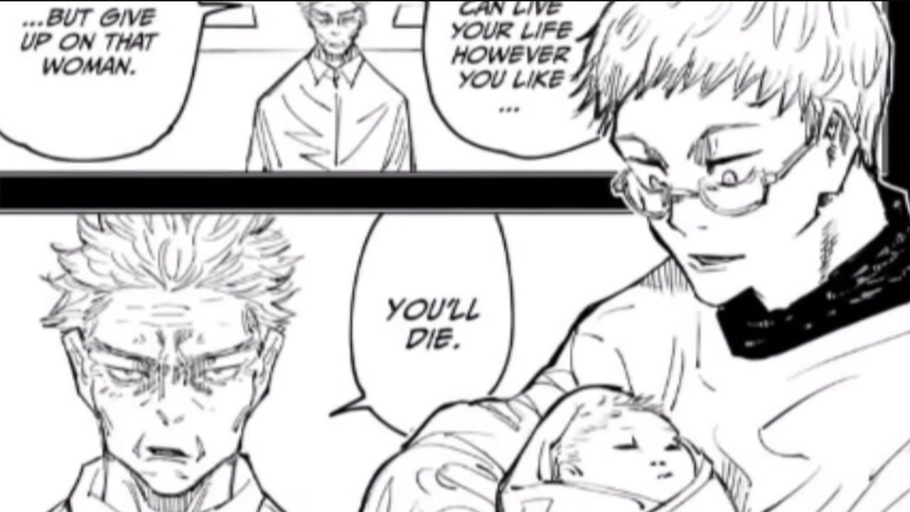 Jin (Padre de Yuji) aparece cargando a Itadori bebé y conversando con el abuelo de Yuji.