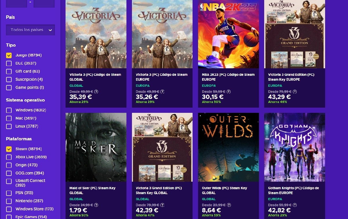 Eneba tiene un catálogo muy variado de juegos para Steam