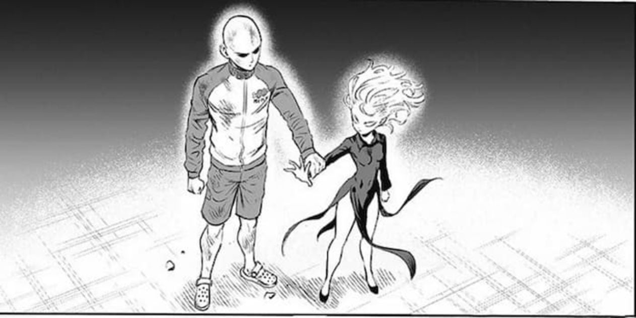 Saitama ha tomado de la muñeca a Tatsumaki evitando que esta use la fuerza en contra del equipo de Fubuki