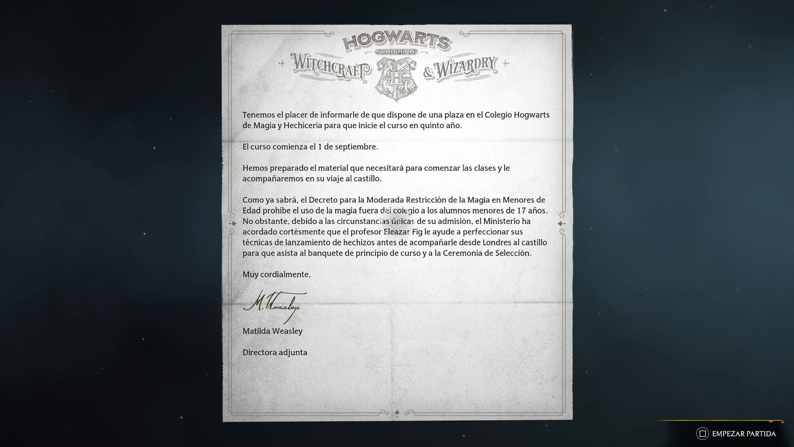 Por fin, el jugador recibe su carta para asistir a Hogwarts