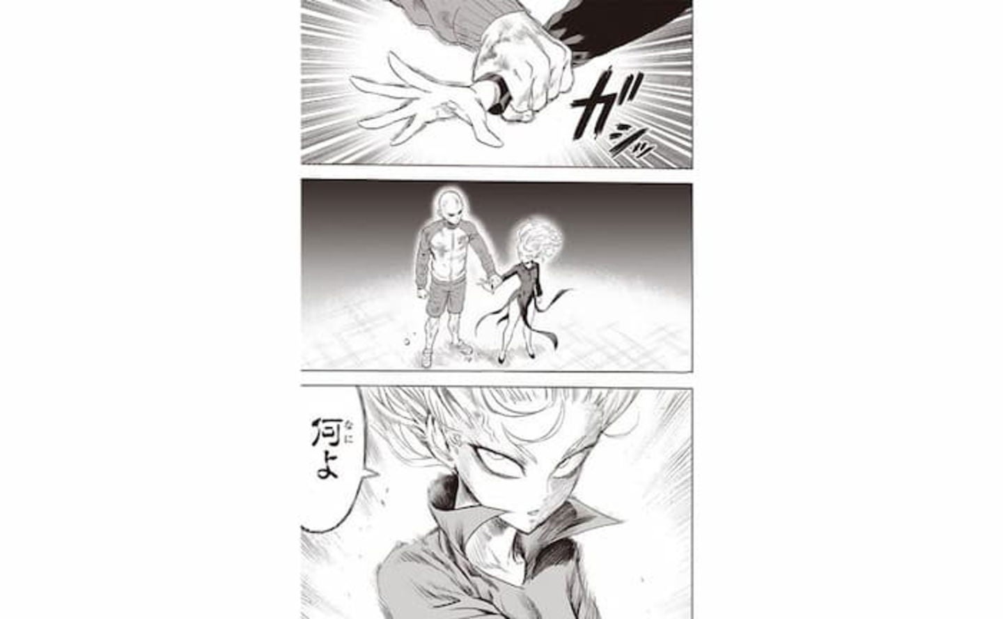 Saitama tomando a Tatsumaki fuertemente de la muñeca para contenerla