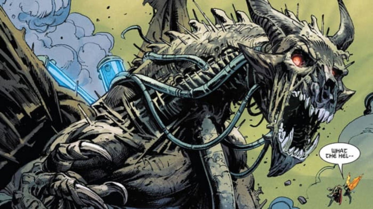 Thor y Jane sorprendidos al encontrarse con la sorpresa de que el dragón legendario, Nidhogg, ha sido resucitado