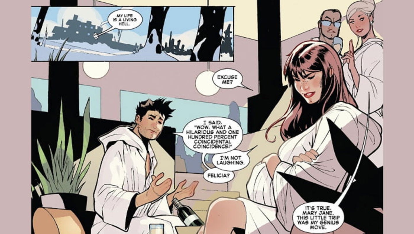 Peter y Felicia se han encontrado a Mary Jane y Paul, su nueva pareja, en el spa al que fueron