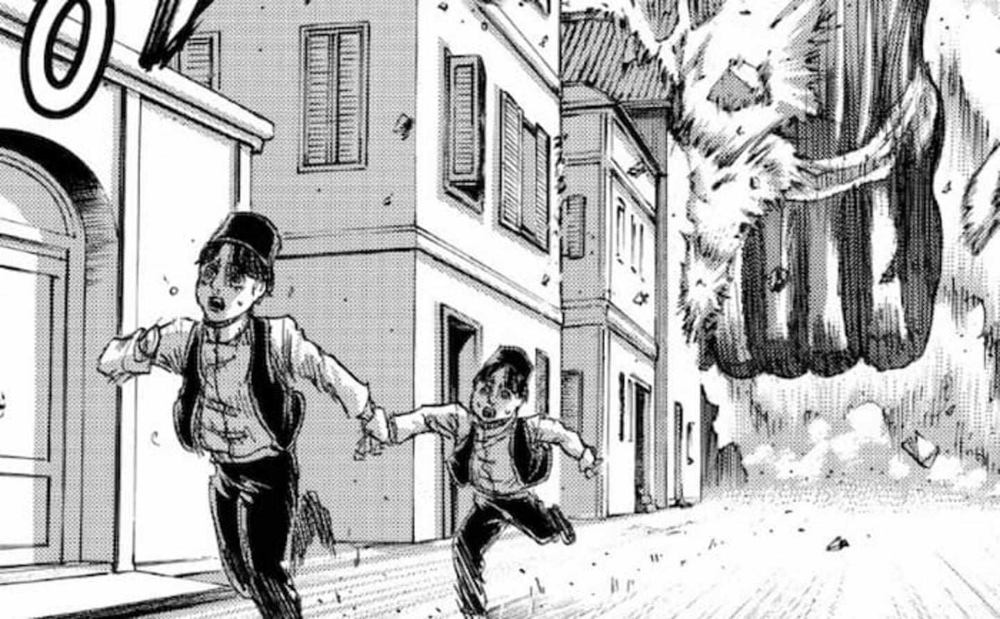 Ramzi y su pequeño hermano intentando huir de los Titanes Colosales del Retumbar