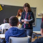 lumnos del Colegio Palacio Valdés de Madrid momentos antes de comenzar la prueba final de sexto de Primaria 