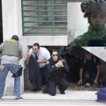 Una imagen del sospechoso colgada en una red social sobre la foto de agentes de policía protegiendo a los pasajeros