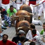 Mozos y astados en el callejón de acceso a la Plaza de Toros de Pamplona