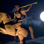 La luna llena, al fondo, sobre los tejados del Memorial de la Segunda Guerra Mundial de Moscú