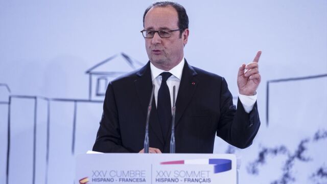 El presidente de la República francesa Françoise Hollande, en una rueda de prensa con el jefe del Gobierno español, Mariano Rajoy, hoy en Málaga.