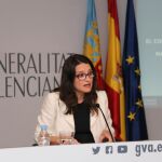 La vicepresidenta del Consell y portavoz, Mónica Oltra, durante la rueda de prensa de ayer