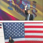 El PSOE utilizó una escenografía muy asentada en EE UU y que también ha usado Rajoy: una gigante bandera a su espalda