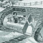 Un dibujo publicado en la prensa de los años 50 imagina un mundo feliz protegido con un refugio familiar