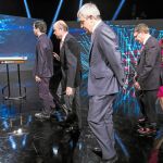 Los responsables de Economía del PP, Luis de Guindos, del PSOE, Jordi Sevilla, de Ciudadanos, Luis Garicano, y el líder de IU, Alberto Garzón, ayer, en el debate
