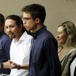 El líder de Podemos, Pablo Iglesias, durante la rueda de prensa