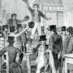 Un hombre a pie de calle Este grabado reproduce la escena en que el político Salustiano de Olózaga se dirige a la multitud reunida en un café durante uno de los discursos que pronunció