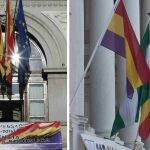 Una pancarta sobre el aniversario de la II República en el Ayuntamiento de Valencia y una bandera en el de Cádiz.