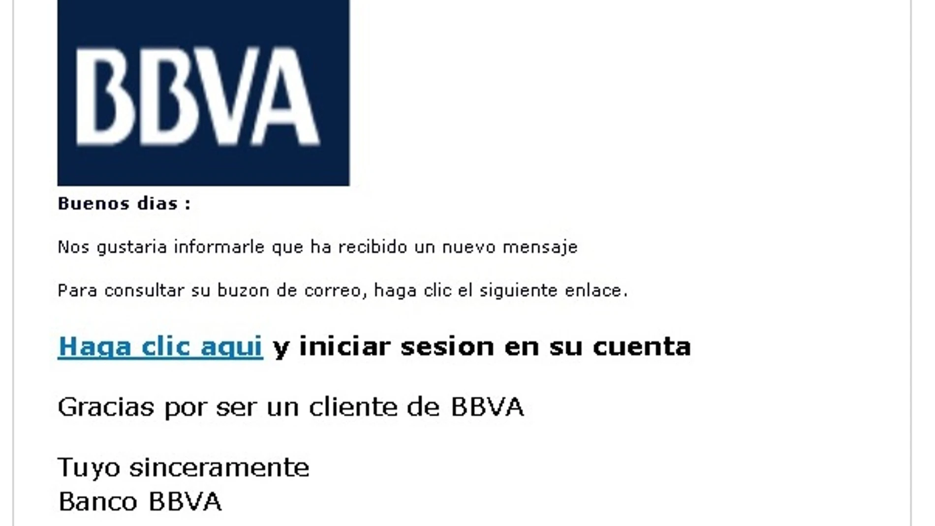 Aspecto del mensaje fraudulento que suplanta al BBVA
