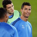 Cristiano Ronaldo, en el entrenamiento de ayer