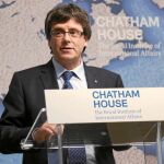 Puigdemont, ayer, durante su intervención en un «think tank» en Londres