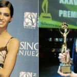 Sara Carbonero, galardonada por su trabajo en Telecinco y Lourdes Maldonado, de Antena 3, tras recibir el trofeo