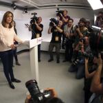 SUSANA DÍAZ, en la sede socialista de Madrid, tras conocer que había perdido las primarias