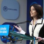 Andrea Levy, vicesecretaria de Estudios y Programas del PP, durante su comparecencia ante los medios hoy en la sede del Partido Popular