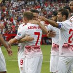 Michael Krohn-Dehli (c) celebra con sus compañeros el gol marcado ante el FC Barcelona.