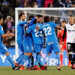 El centrocampista del Getafe Markel Bergara celebra con sus compañeros su gol marcado ante el Valencia