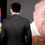 Florentino Pérez y Bartomeu, ayer en el Camp Nou, frente a la imagen de Johan Cruyff