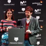 El actor Julián López y la actriz Paula Echevarría anuncian las películas y series que concurrirán a la quinta edición de los Premios Feroz que otorgan los periodistas cinematográficos, esta mañana en Madrid