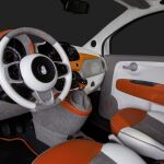 El interior del Fiat 500 BB-8 está decorado en tonos gris, naranja y blanco.