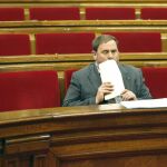 -El vicepresidente de la Generalitat, Oriol Junqueras, poco antes del comienzo del debate en el Parlament de Cataluña