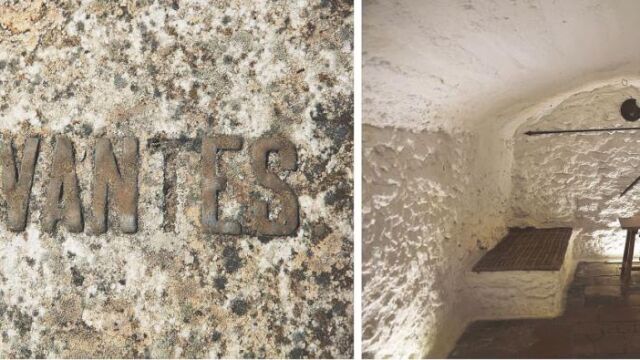 Junto a estas líneas, lápida en el cementerio de Alcázar de San Juan. A la derecha, la cueva donde, según la leyenda local, fue encarcelado y escribió parte de «El Quijote», en la también localidad manchega de Argamasilla de Alba