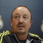 El técnico del Real Madrid, Rafa Benítez, durante la rueda de prensa posterior al entrenamiento del equipo esta mañana en Valdebebas