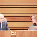 La presidenta de las Cortes, Silvia Clemente, conversa con el vicepresidente y procurador del PP, Ramiro Ruiz Medrano, ayer durante el Pleno