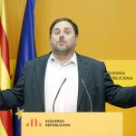 El presidente de ERC, Oriol Junqueras, durante la rueda de prensa
