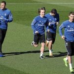 Cristiano Ronaldo, en el entrenamiento de ayer del Real Madrid