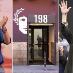 A lz izquierda, Pablo Iglesias con una camisa de 198; en el centro, la tienda de Madrid; a la derecha, Juan Carlos Monedero con una camiseta de la marca.