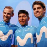 Alejandro Valverde, Nairo Quintana y Mikel Landa, durante la presentación del equipo Movistar