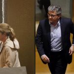 Los concejales del PP del Ayuntamiento de Valencia, Lourdes Bernal y Cristobal Grau, a su salida de los grupos parlamentarios del PP de la Comunitat Valenciana