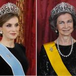 Doña Letizia, anoche en la cena con el presidente de Argentina. A la derecha, Doña Sofía en 2014.