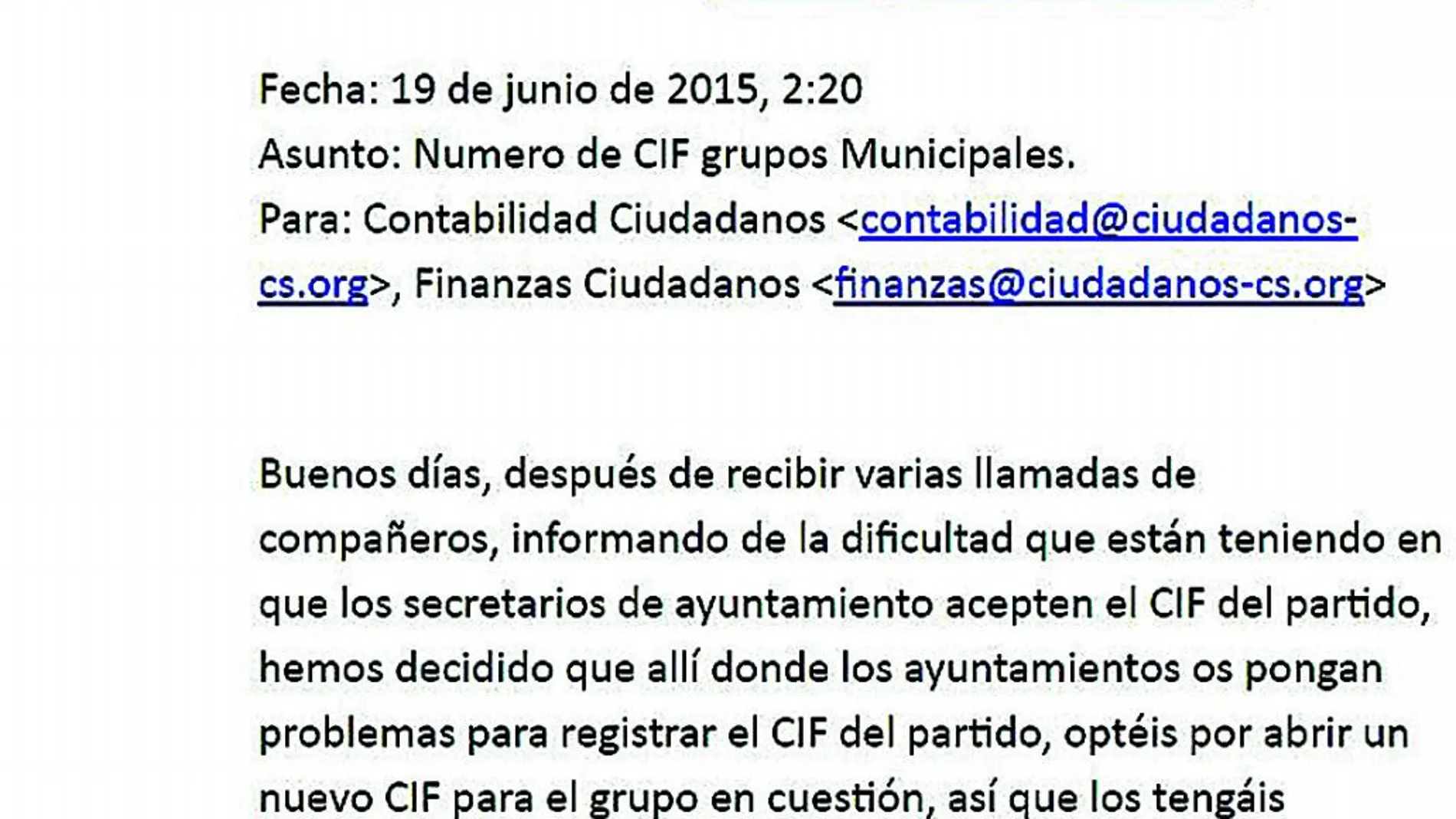 El correo que prueba que Ciudadanos desvía los fondos municipales a la formación