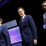 Albert Rivera (i); PSOE, Pedro Sánchez (c); y Pablo Iglesias