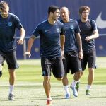 Piqué, Neymar, Luis Suárez y Sergi Roberto en el entrenamiento de ayer