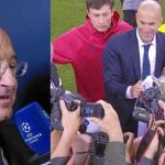 Un instante de la emisión en directo, a la izda. Florentino Pérez; a la dcha., Zidane celebrando la Copa