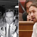 Arriba, Pablo Iglesias acusó a Felipe González de tener las manos manchadas de cal viva. Abajo, Felipe González, recién investido presidente del Gobierno en 1982